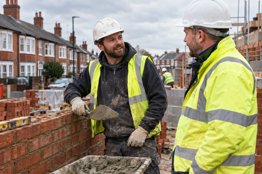 A bricklayer talking with a site manager on a UK building site
