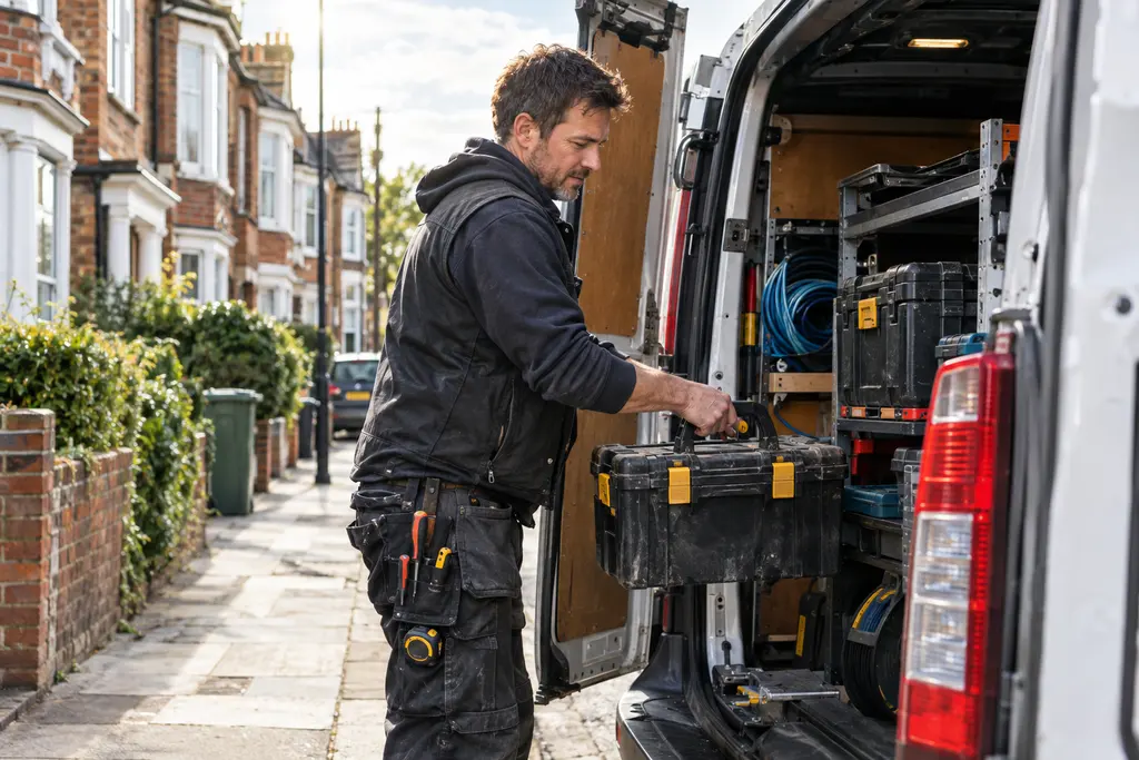 A self-employed gardener checking her figures on a phone beside her van