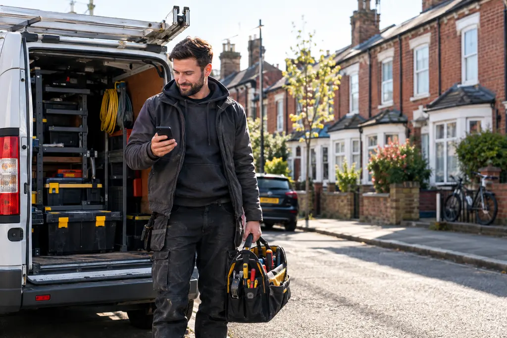 A self-employed plumber by his van on a British street, checking his phone