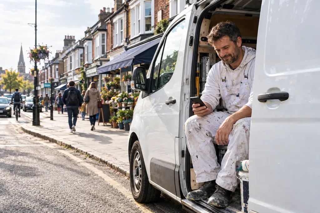 A painter and decorator checking his phone in the open door of his van on a British high street
