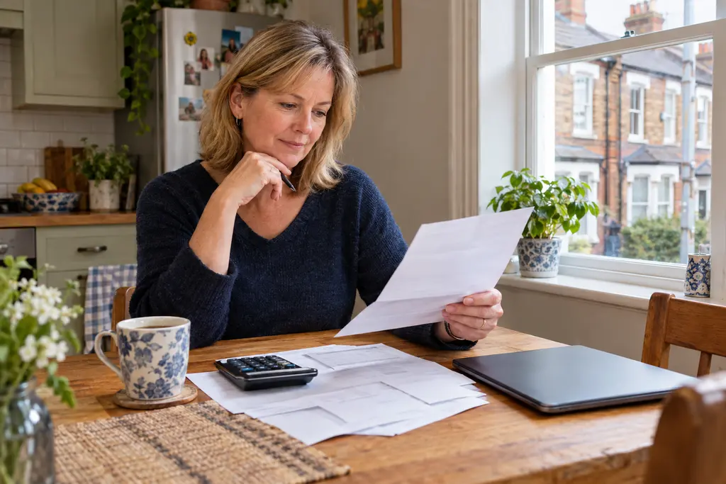 A landlord reading a mortgage statement at a kitchen table in a British home