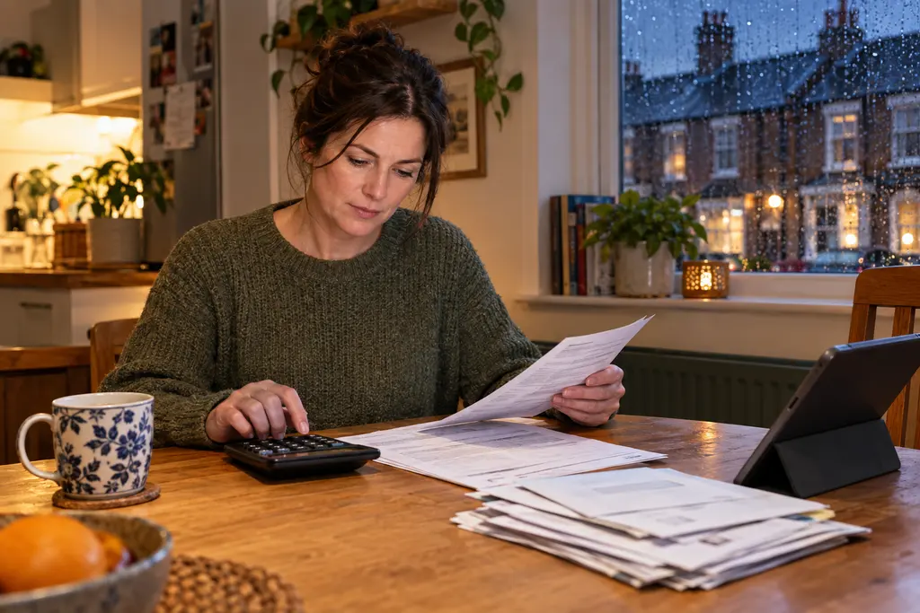 A self-employed woman going through her paperwork at a kitchen table on a winter evening