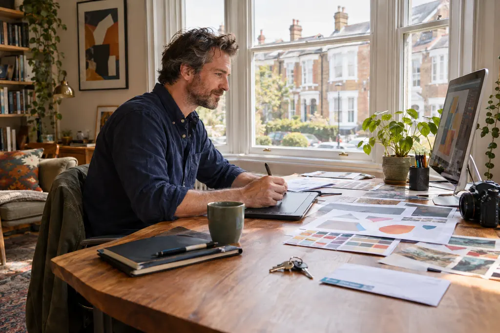 A self-employed designer at a desk by a bay window, house keys beside him