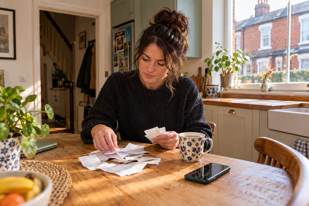 A self-employed electrician sorting receipts at a kitchen table