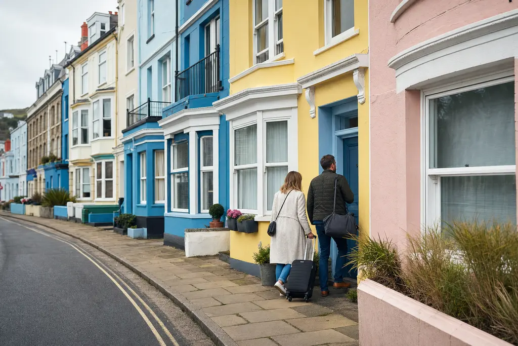 Row of colourful British seaside holiday lets with guests arriving