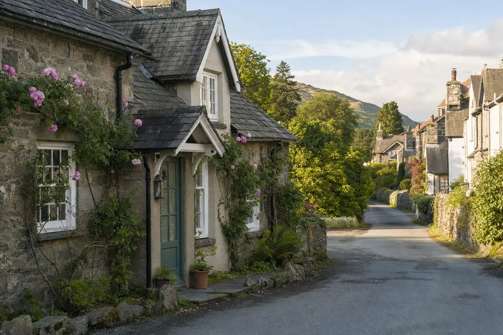 British holiday cottage with climbing roses and a welcome sign by the door