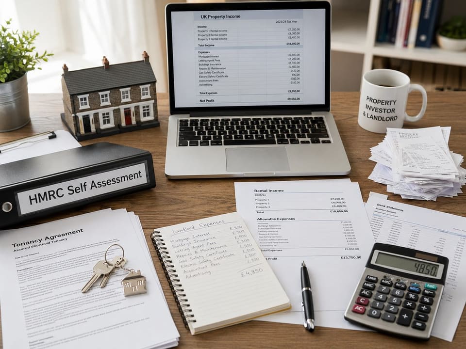 Rental paperwork and an HMRC folder on a desk