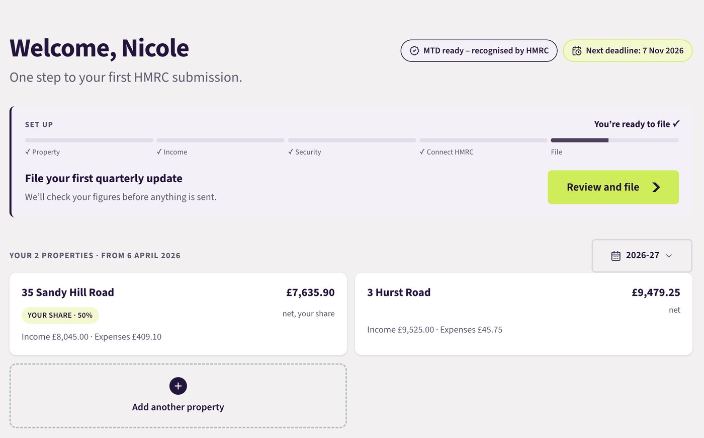 The Quarterwise dashboard showing net figures for two properties, setup progress and the next filing deadline