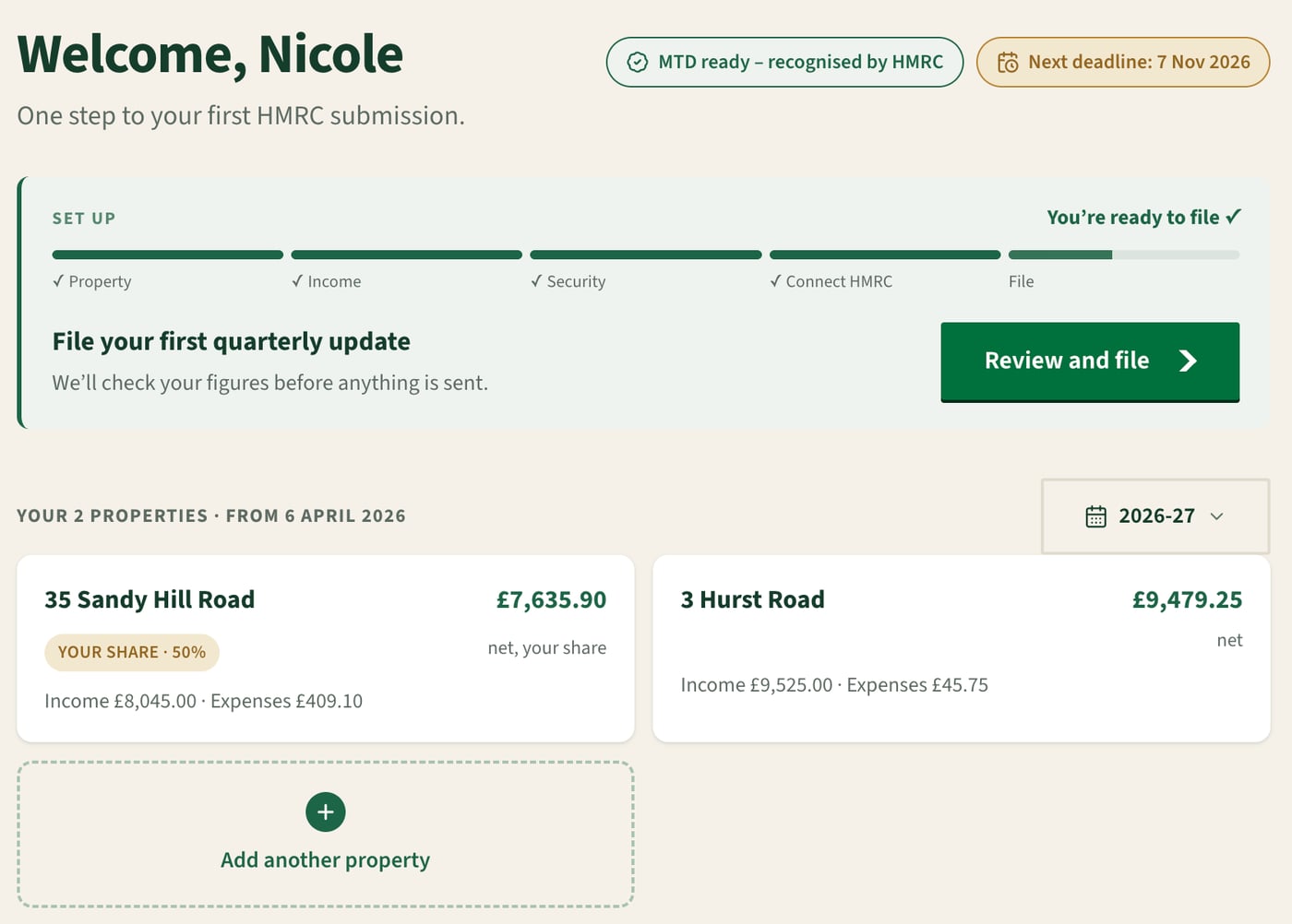 The Quarterwise dashboard showing net profit figures for two rental properties and the next MTD quarterly filing deadline
