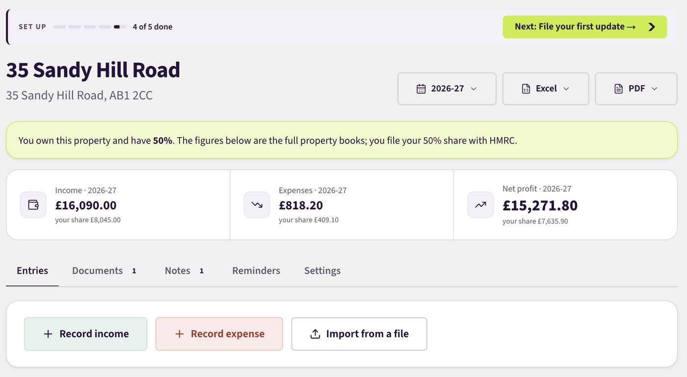 A property page in Quarterwise showing the year's income, expenses and net profit, with buttons to record income, record an expense or import from a file