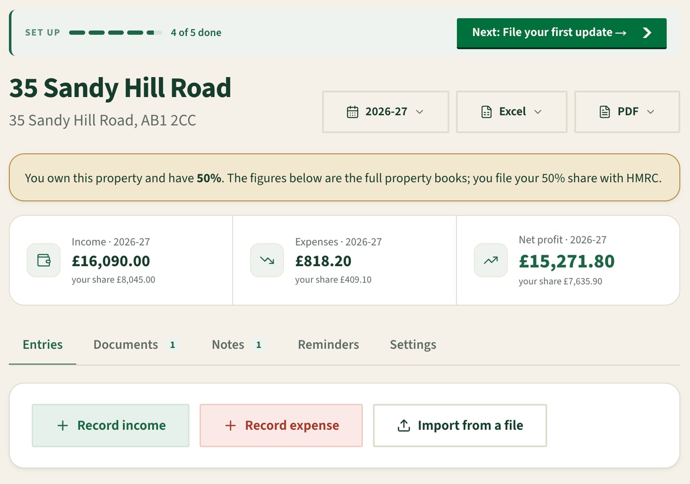 A property page in Quarterwise showing the year's rental income, expenses and net profit, with options to record income, record an expense or import from a file