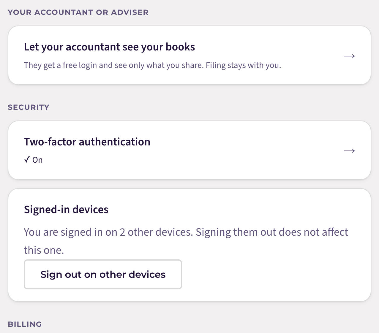 The My account page with the Your accountant or adviser card