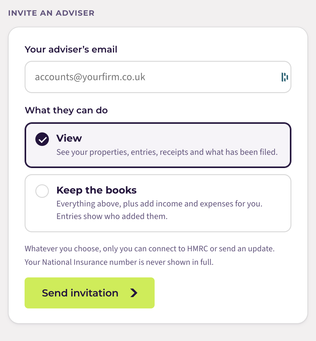The invitation form with the email field and the two access options