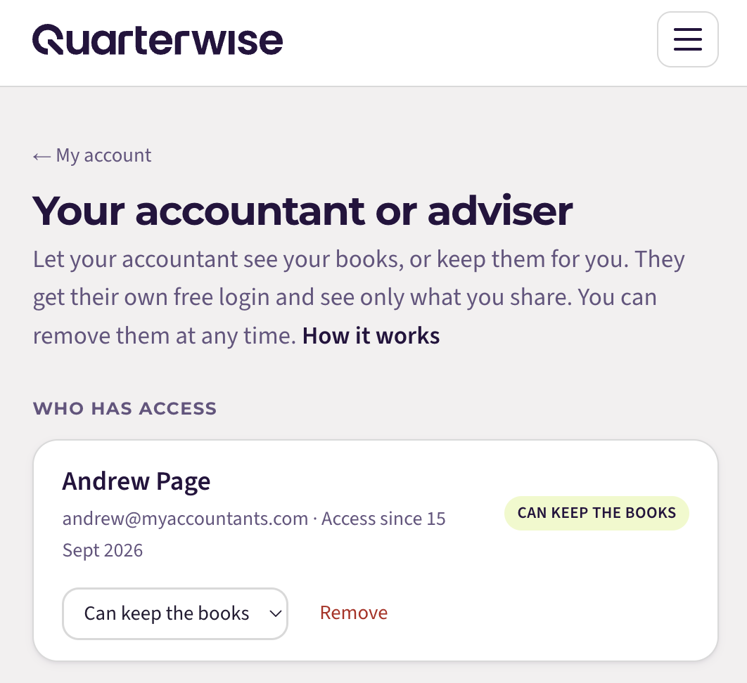 The Who has access list showing an adviser with the Can keep the books badge, a role dropdown and a Remove link