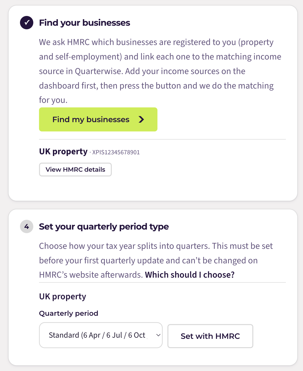 The HMRC page in Quarterwise, with Step 4, Set your quarterly period type, visible