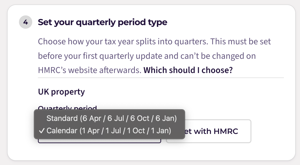 The Quarterly period dropdown open, showing Standard and Calendar with their start dates