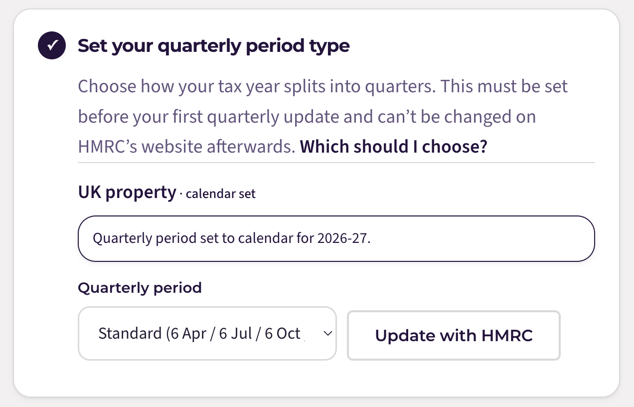 The confirmation message after setting the quarterly period with HMRC