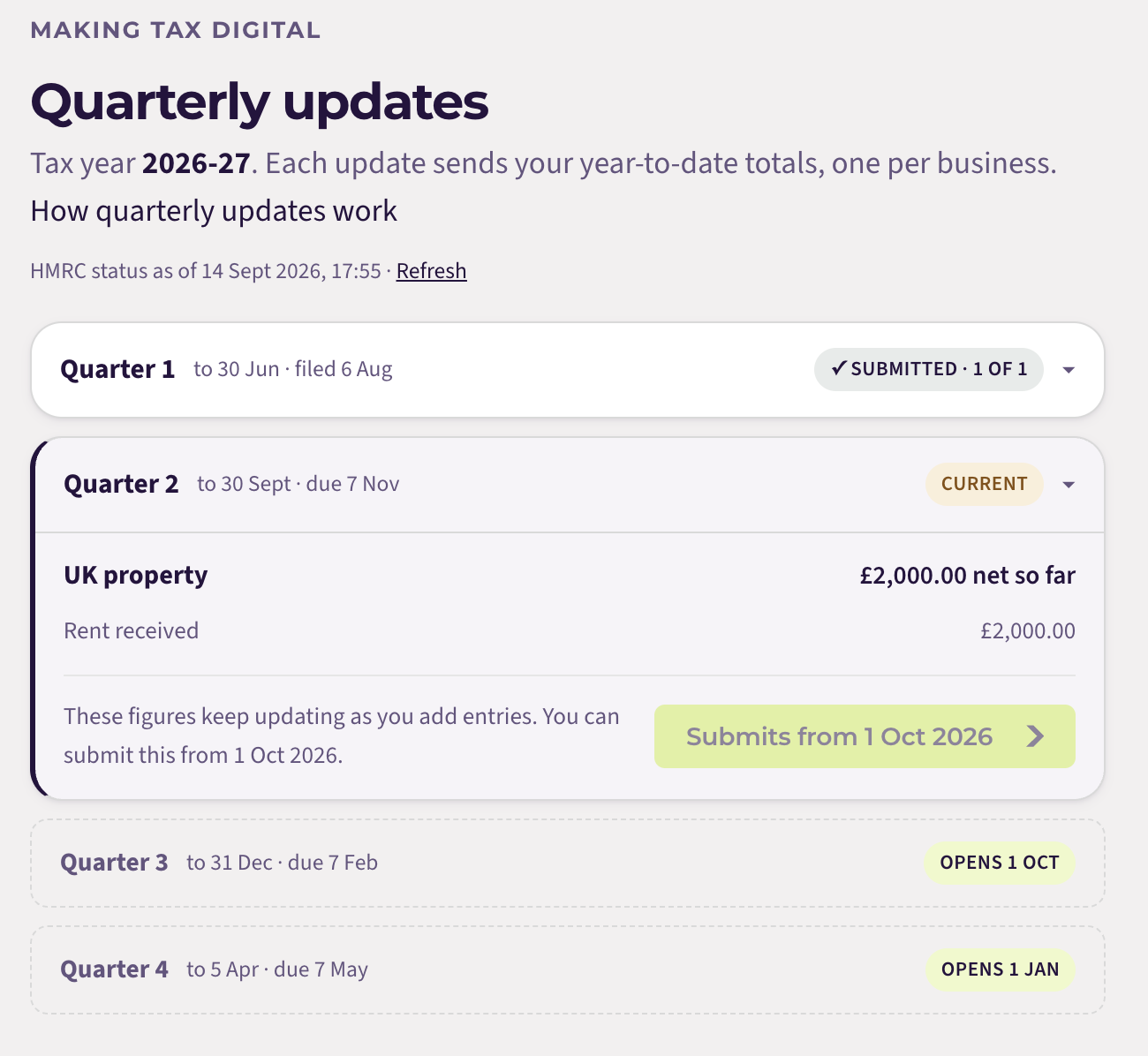 The Quarterly updates page showing four quarters with their dates and deadlines